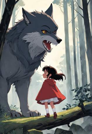 Uma menina em uma capa vermelha, Chapeuzinho Vermelho, Um grande lobo mau, Chapeuzinho Vermelho, classic children's illustration, Chapeuzinho Vermelho, Grande Lobo Mau Grande, Chapeuzinho Vermelho, The wolf threatens the girl, , story book illustration, Ricardo Scarry, story book illustration, fairy tale illustrations, storybook art, por Jack Davis, storybook illustation, por Maurice Sendak, , detalhado,