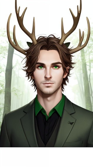 Transform man half deer, horns, green eyes, forest environment