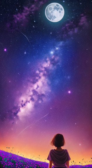 (Highers, ultra detailed, cinematic, UHD), night, mountain, dark sky, (big moon in the sky), (saturnus in the sky), galaxy in the sky, nebula in the sky, snowy, (old western building) , purple flower field, warm, orange, blue, purple, detailed building, detailed field, detailed sky, shooting star from above, dreamy, magical, girl looking at the sky, girl holding lattern, light particle, fireflies, oil painting