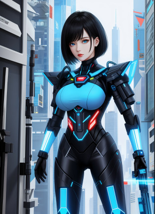 Full body photo, Humanoid Machine Woman, half human half machine body in futuristic costume, with power cables, lit blue lights on her chest, she has half human half head with mechanical parts showing, short black hair, blue eye and mechanical eye with laser sight, looking at the viewer, from the front, big breasts, body half human and half mechanical, she is in a futuristic city at war between humans and machines, she is holding futuristic weapons of high caliber, cyberpunk, troll, anime, Pop art, masterpiece, 16k, high details, UHD, best quality