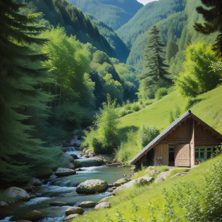 a color photo of a house on the edge of a stream, stream flowing through the house, idyllic chalet, abandoned house, by Jan Kupeck�, chalet, river passing by the hut, old house, inspired by Ethel Schwabacher, small hut, house in the forest, lonely house in the forest, house in the wood, house in the forest
