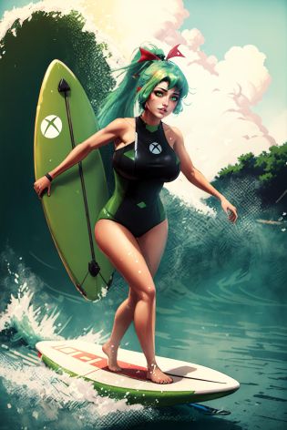 Highly detailed, High Quality, Masterpiece, beautiful, surfing, waves, <lora:Surfing-06:0.8>, 1girl, swimsuit, barefoot, xbox-chan, ponytail, green hair ribbon, <lora:Char_Meme_Xboxchan:0.9>, (detailed face and eyes:1.3)