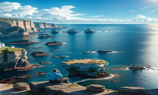 there is a man sitting on a cliff overlooking the ocean, max rive, ocean cliff view, breathtaking scenery, by Alexander Kucharsky, by Etienne Delessert, alexey egorov, breathtaking landscape, epic matte painting of an island, epic scenic shot, epic and stunning, cliffside ocean scene, amazing landscape in background, breathtaking shot, amazing landscape