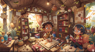 Numa tarde chuvosa, Laura de 10 anos de idade, cabelo castanho claro, africana e Pedro de 8 anos de idade, cabelo curto escuro, africano, curiosos, They discovered an old dusty chest in the attic of their grandmother's house. Among the forgotten relics, encontraram um mapa estranho, full of bright colors and magical marks. Ao tocarem no mapa, He began to glow brightly, e os dois foram envolvidos por uma luz dourada. Quando abriram os olhos, they stood before a huge tree, cujas folhas eram feitas de chocolate. Assim, the incredible journey to the Land of Chocolate Coins began. ((melhor qualidade)), ((obra-prima)), (detalhado), (alta resolu��o)