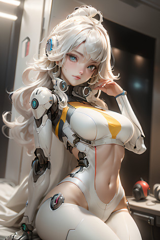 Extremely cute human eighteen year old girl face, human torso, human huge boobs, human abdomen, human hips, robotic arms, mechanical legs, arms and legs with hard white shiny shell and black joints, very beautiful and feminine, short, petite, small, small, busty buttocks, medium bust, cleavage display, flat belly display, partial helmet with antenna on the ear, black robot joints, very stylish, award-winning product design, black rubber tights, The shiny white metal breastplate opens at the cleavage and abdomen, the white metal buttocks are wrinkled, and the armor has stylish, glowing trims