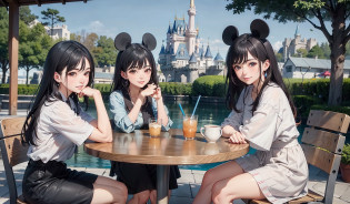 Three women sitting at a table with a drink in front of the castle, Disney land, Disney land, by disney!!, F / 2 0, Disney Disney, The background is Disneyland Castle, Drink, Lifestyle, colored milk tea, trending ?, disney and kyoto animation, postprocessed), taken in 2022, 3delight, photograph taken in 2 0 2 0?top-quality?Spring clothes?Mickey Mouse ears?Ribbon earrings