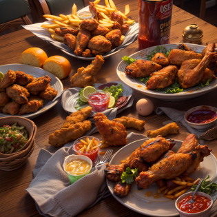 (Full Focus:1.5), (Placed on the dining table, Orleans grilled chicken wings|hamburger|lewd juice|french fries|Fried chicken nuggets|fruit|Fried chicken wings|shellfish:1.2), ray tracing, cinematic lighting, chiaroscuro, masterpiece, super detail, high details, high quality, best quality, highres