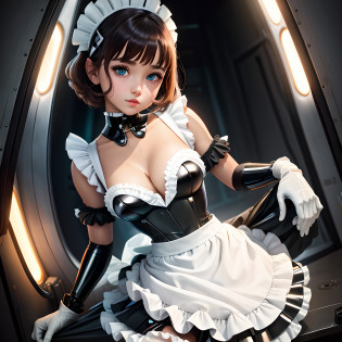 cyborg maid, hazel eyes, extremely cute human eighteen year old girl face, innocent looking, human torso, human chest, human belly, human hips, human thighs, human hands, robotic arms, robotic legs, extremely pretty and feminine, detailed eyes, beautiful eyes, short, petite, little, small, medium hips, small bust, (((slight cleavage showing))), partial helmet over ears with antenna, black robotic joints, very stylish, award winning design, (((black hard shiny bustier))), (((white pleated skirt))), short skirt, gorget, (((maid outfit aesthetic))), functional and practical esthetic, dark brown hair, short hair, sweet, cheerful, loving, kind, helpful, one person, (((1girl))), black or white chainmail, cotton, (((apron))), (((white gloves))), thigh highs, white frill on bustier, white frill on helmet, attached frilly cap sleeves 