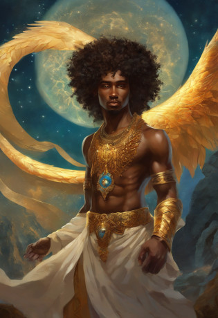 An 8K high-definition portrait of an African black man, anjo de 18 anos, de corpo inteiro, beleza do Deus Ebano, beleza de um deus, muito bonito ((Um homem africano negro,  anjo)) A black angel man with several majestic wings, cabelos longos e cacheados, Deus do Mar, Deus do Oceano, Luthien, arte de deus, Deus da mitologia grega, Deus da Lua, Deus do amor e da paz, deus bonito, Mitologia do Deus da Terra, o deus Eros, Um retrato impressionante de um deus, Frank Kelly Freas, Estilo Karol Bak, ((beautiful face)), Ultra Definition, melhor qualidade, 32k ultra | | | ||, Ultra HD | | | |