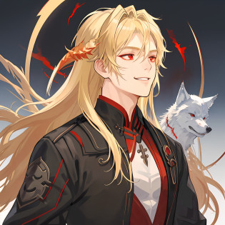 a blond?ember?Scars on the face?a smile?Black clothe?musculature?red�eyes?belligerent?Wolf smoke
