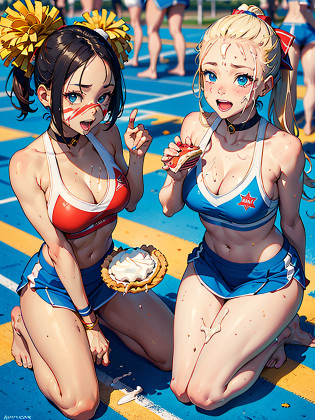 Cute female cheerleaders getting pied in the face at a carnival pie throwing booth, pie all over their faces, cheerleaders with pie all over their faces, pies getting all over their bodies, carnival, whipped cream all over the cheerleaders faces and bare feet