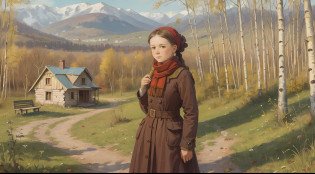 [Portrait of a young Russian girl in a beautiful scarf:20]Rich landscape, 19th century, russian village, birch, Russian paraphernalia, bench, Russian pattern, warm colours, higly detailed (( in the style of Todd Schorr)), Professional, ..SVG, 8K