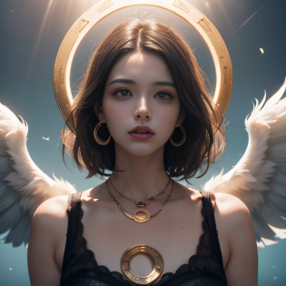 Close-up of the side of the half(Numerous award-winning masterpieces of, With incredible details, textures and maximum detail), (A half body), (Ultra photo realsisim:1.4), (Realistic:1.3), (up of the upper body:0.3), (best quality real texture skin), (Fine true circle Symmetrical eyes), (The beautiful face is beautifully drawn,) (A circle of divine light overhead:1.8), ((medieval world)), ((((black angel of the Lord, white angel of the Lord)))), ((Bust close-up portrait)), (Beautiful kind eyes), (She has a mischievous smile on her face), (The colorful eyes were full of sympathy), Shining majestic cloud masses and sky, (halo optical phenomenon), (Angels dancing in the background), (Dramaticlight), (A majestic sight), (Her expression was calm and full of tenderness?Tremendously beautiful), ((large wings?There are pure white feathers behind the shoulders)), (((Folded wings))), Glass earrings on the ears, (((Dramatic photo))), (Twilight), (Sunset), (Dusk), (Divine pose), (Golden hair),(Maroon hair), short detailed hair, ((head looking up)), ((Looking down)), ((Half-body close-up)), (Around her neck hangs a simple gold necklace of exquisite workmanship), Old ruins infested with plants, Close-up of the side of the half, (Luminous magic circle), Ancient Castle Site, Deserted ruins, crumbling ruins, Ancient ruins with clear water, holy rays, epic realistic, ((com cores neutras)), (hdr:1.5), (pastel colour:1.2), ultra�-�detailed, Cinematic, warm lights, Dramaticlight, (Intricate details:1.1), the complex background,32K?tmasterpiece?k hd?hyper HD?32K?Long flowing black hair?Half-body close-up?Close-up of the head?Close-up of the neck?