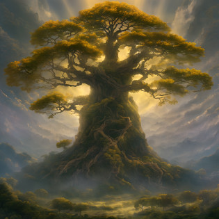 The Erdtree (Golden tree, ?gonju) is a giant, golden tree that towers above the Lands Between. The Lands Between are blessed by the Elden Ring, which is the source of the Erdtree, that symbolizes its presence. It is the heart of the Golden Order. The blessing granted by the Erdtree and consequently the Elden Ring, is represented by a golden light in the eyes of the inhabitants of the Lands Between, known as the Grace of Gold. Upon their deaths, the remembrances of demigods and greater champions, and other such powerful beings are hewn into the Erdtree, 1tree, ((over the clouds)), glowing, purple sky, (purple1.2), no human, old tree, scenery, extreme long shot, from above