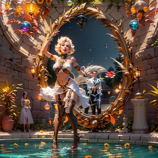 masterpiece Goddess Marilyn_Monroe Diva waitress matrix meticulously intricate ultra highres Pro-photo-realistic reflection optimal ultra_sharpness focus perfection accurate volumetric Lightning contrast front_sunlight backlight global illumination cgi vfx sfx reflex ultra high-definition ultra high-detail Octane_rendered extreme improved graduated UHD XT3 64K 32K 16K 8K DSLR HDR UnrealEngine5 romm rgb pbr 3dcg fxaa blu-ray colors-coded anti-aliasing fkaa txaa rtx ssao opengl-shaders glsl-shaders post-processing post-production cell-shading tone-mapping vivid red hairstyle Agate ornament diamond sunflower sports cap cow-boy hat athletic epic clean eyeliner cheekbone felt suave expressive effects embarrassed wet flirt sweat lazuli-droplet-of-water-drop-between-eyes Divine (bright eyes, bright eyes) beautiful eyes saturate black pupils brown irises turquoises sapphires pearls open mouth smile teeth (tongue droplet water) clavicles white jacket shirt bridaldress safran silk papillotes sleeves orange satin obi scarlet breasts huge side-boob spread sagging corsage yellow seams navel skirts wide fringes swinging spinel reveal diamond heart chastity-belt solid padlock indigo pubic pubic-hair silks snap_lock garters legs boots solid iron nickel cobalt luminescence depthfield Crystalline butterfly CGSCOSITY 