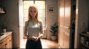 Abigail, a blonde hair young woman standing and looking determine, at home, in the morning