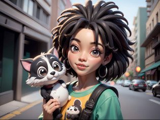 chibi digital avan�ado a cartoon character holding a small dog on a city street, menina negra, arte do filme, Foto limpa, Ghailan!, Como um personagem da Pixar, jovem bonito, cabelo afro, grace and blessing, renderizado em irreal, imagem promocional do filme, imagem renderizada - (afro:0.9), afro:1.2