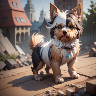 realistic illustration of a yorkshire terrier dog, wearing a white dress and a superhero cape, drooping ear and cute eyes, adorable digital painting, isometric 3d costume cute dog, cute detailed digital art, cute digital art, cute dog, anthropomorphic dog, by Aleksander Gierymski, cute dog painting, highly detailed character, by Nikola Avramov, highly detailed illustration,  stylized digital illustration