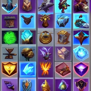 video games icons, 4d icons, rpg skills icons, moba items icons, league of legends items icons, paragon, ability icon, fantasy, potions, spells, objects, flowers, gems, swords, axe, hammer, fire, ice, arcane, shiny object, graphic design, high contrast, artstation --uplight