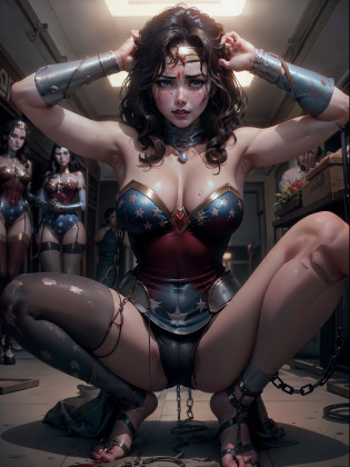 ((vestindo um traje da Superheroina Wonderwoman, MILF, mami, com 50 anos de idade))?mulher bonita, idade 50 anos, with visible slender abs:1.4?Pacote ABS Six:1.4?Busto de Botox?((Ponta saindo?the areola protrudes?the shape of the pubic area is clearly visible))?(Totalmente amarrado com uma corrente)?Containment?escravo?gargantilha?sneer?((gritando de dor, tears flow?choro de dor))?sweating?(( Presos no mercado de escravos. impotente amarrada pelos pulsos e tornozelos com correntes. Escravizados e abusados. Feeding with fishing net and garter belt and wearing a donkey-collared harness around the neck. Ela grita e grita, bursts into tears ))Wet?nublado?((acorrentado))?((Grande destaque das redes))?((Barra de ferro na virilha))?((hands above head chained to ceiling))?(Sem pantie?no-bra)?Trajes desafiados, Sucata?There's mud on the face?Blood is splattered?real?(hematoma?sujo?roupas rasgadas?roupas desleixadas?sangue:1.3)?cabelos escuros?cabelo longo?pelos pubianos?pelos nas axilas, capa rasgada?torn pantyhose?pernas longas?Metal shackles?The ankles are chained to the floor, A necklace of ticks on the neck chained to the ceiling?Wet crotch is clearly visible?atirando de baixo?Anatomical?(futuristic sci-fi battle fashion?Cotovelo e joelho trincados cyberpad,  ?((squatting, ankles chained to the floor)) ?The slave market is tense. barefoot.