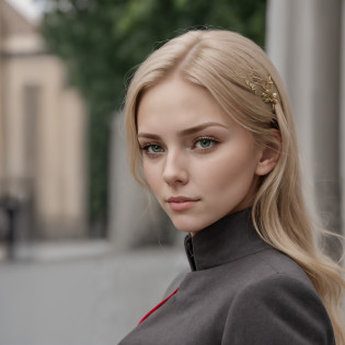Slavic face: Green eyes; blond hair; sharp facial features; dimple on the chin; Straight nose; high nose; pronounced high cheekbones; Thinning nose, Masterpiece Facial Quality, Maximum facial quality, Maximum quality of face shadow, Maximum eye detail.