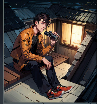 guy, sitting on the roof with binoculars in his hand, Guy in a jacket, in night, Angular style, guy, sitting on the roof of a house at night, hiding on rooftops, Sitting on the roof, on roof, Artistic decoration, unrealistic character concept