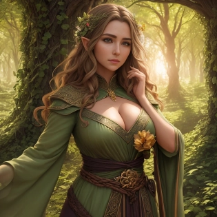 Elira is a gentle and wise elven druid, with an innate connection to the natural world and its creatures. Her golden-brown hair and serene, hazel eyes reflect her deep bond with the earth and the life it nurtures. Carrying a gnarled, vine-wrapped staff, Elira can commune with animals and transform into various creatures, using her shape-shifting abilities to protect and heal the world around her. hdr, (intricate details, hyperdetailed:1. 2), cinematic shot, vignette, centered, (hdr:1. 25), (artstation:1. 2), dramatic, masterpiece:1. 2) (illustration:1. 2) (best quality) (detailed) (intricate) (8k) (HDR) (wallpaper) (cinematic lighting) (sharp focus)