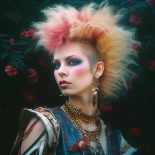beautiful woman from 1985, portrait, ((no text)), punk, 1985 hairstyle, big hair, 1980's make up , standing in a garden bursting with flowers, amazing, stunning, intricate, elegant, highly detailed, Paulina G�ra, Rachel Ruysch