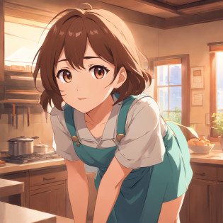 Flat anime style shading, anime woman, Anime-style characters, flat anime style,house wife? Powerful poses, Brown hair, pinafore, Powerful Pose?kitchin, Powerful anime girl,picture