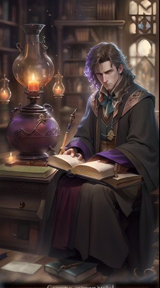 ?Male magic teacher in the Harry Potter universe?, A look of determination?A vibrant magical mystery potions classroom, Magic Book, Cast a magic wand,  Flashing spell effect, Spin the robe, Engaging lectures, Engaging storytelling, Enigmatic Atmosphere, Flashing candlelight, Spells and charms,  Wonderful exams, Wizard test, Brewing potions, intense concentration, magical artifacts,  enchanting spell, Engaging course?