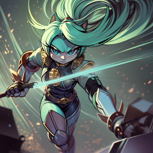 Aurora's skin is a light purple hue, with a soft and radiant hue. Its complete artistic design is composed of a slender and athletic body, with well-defined muscles. Her hair is short and messy, in a shade of bright electric blue that seems to radiate energy. She has a side bangs that fall slightly over one eye, giving a mysterious look to her look. Aurora wears a sturdy, fitted jacket of dark gray color with blue accents, representing her connection to electricity. She wears black combat gloves and boots, which provide stamina and mobility during her high-speed stunts. Aurora also carries an electronic device on her wrist, which amplifies her electrical abilities and allows her to manipulate energy currents with greater precision.

Aurora the Blitz is a unique character with an enigmatic personality and a powerful story. She stands out as a force for good in her reality, fighting the dark forces that threaten peace and freedom.