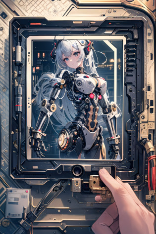 Top quality, masterpiece, intricate details, super detailed, highly detailed 8K wallpaper, machine girl, (mechanical eye), in production, semi-made machine body, machine limbs, whole body, (removed mechanical limbs), fully mechanized of the lower body, working robot arm, cable connected to the head, cable connected to the body, electronic circuit, factory,