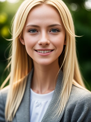 Hyper-realistic photo of a blonde girl smiling