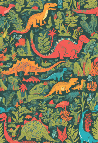 Close up of dinosaur and plant motifs, plants allover, flora and fauna, dinosaurs, paisley, Jane Nuland, Bright fauna, �a dinosaur market, filled with fauna, the wallpaper!, Background with, pre - historic, illustrated in whimsical style, dinosaur, at the time of dinosaurs, magical garden plant creatures, stylized illustration, inspired by Abidin Dino
