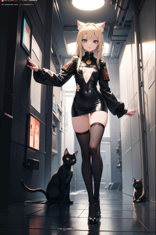 ukraine girl , ukraine anime girl , full body composition of A young girl with messy light blond hair, eyes makeup, 11-years-old, cat ears, soft lighting, solo, dressed in a old torn dirty ragged futuristic military uniform, cat paw badge, pose, blotchy colors, Octane render, Hyperrealistic intricate detail, Cinematic, 8k resolution, 70mm, accent lighting, global illumination, full body portrait, clean detailed faces, intricate clothing, cute face, flat chest, slim waist, slim legs, small hips