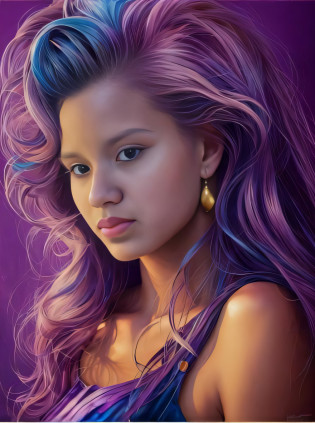 uma pintura de uma mulher com cabelo roxo e olhos azuis, lindo pintura digital, pintura digital bonita, pintura digital realista, pintura digital fotorrealista, pintura digital impressionante, pintura digital brilhante, Pintura de Ariana Grande, pintura realista da menina bonito, airbrush digital oil painting, lindo arte digital, bela arte digital, pintura digital ultra realista, estilo de pintura digital, painting digital adorable