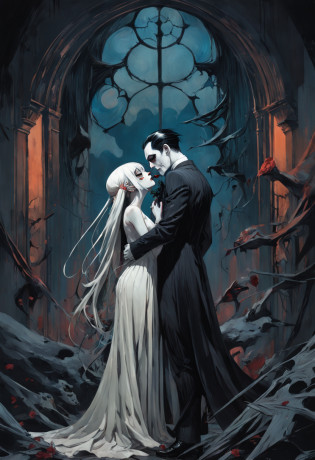 Wedding. Couple. Kissing. Dark. In the style of Adrian Ghenie, Esao Andrews, Jenny Saville, Edward Hopper, surrealism, Dark Art par James Jean, Takato Yamamoto, Minimalisme inkpunk. Dans le style Tim Burton. Dans le style Addams Family. Gothic. Dans le style de Guweiz. Dans le style de Shadbase. Dans le style de Shadman.