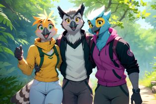 anthro owl, group shot, (puffin, tweetfur:0.7), cockatiel, pink body, green body, crow, hiking outfit, camp background