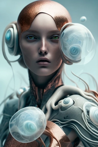 a surreal photograph of a fashion model, copper, sci-fi, white-accents, highly detailed, award-winning photo, futuristic concept, 8K, expressive eyes, jellyfish, cinematic, hyper-realism, high detail, octane render