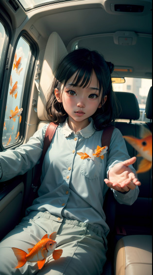 Girl in car full of goldfish and flowers?the art of Hitoko Kawauchi?goldfish can fly?natural poses, body extension, dadcore for vacation ,energy and pressure of youth,goldfish simulation film in the sky,dreamlike high photography,a riot of colour,interior scenes, shot on XT4,super detail