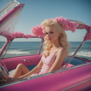 blond woman in pink dress sitting in pink convertible car on beach, in style of petra collins, fashion editorial photography, inspired by Bunny Yeager, editorial fashion photography, amy sol in the style of, masha krasnova, editorial photograph, fine art fashion photography, by Wayne England, petra collins, editorial photography, steven meisel photography, photography alexey gurylev
