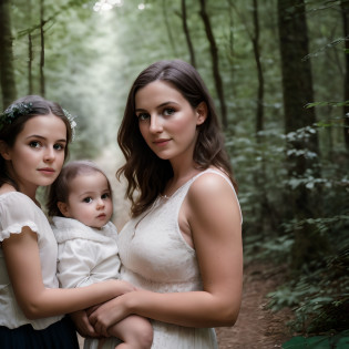 there are two women holding a baby in a forest, 7 0 mm portrait, family photography, 60mm portrait, 50mm portrait, maternal photography 4 k, high quality portrait, photo 85mm, in a whimsical fairytale forest, mid shot portrait, portrait of family of three, 1 3 5 mm nikon portrait, lonely family, family portrait, in forest