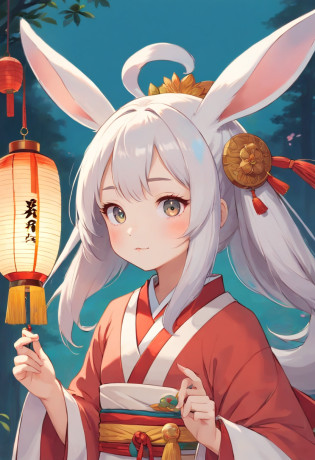 There is a rabbit?Chinese round fan in hand, Rabbit, A rabbit, White rabbit, Rabbit_Bunny,, anthropomorphic rabbit, the white rabbit, With a fan, Rabbit ears, A rabbit in Hanfu, Wearing ancient Chinese clothes, White Hanfu, Traditional Chinese clothing, with acient chinese clothes, full-body xianxia, Chinese style, Chinese costume, inspired by Gu An, Princesa chinesa antiga, 8K))inspired by Kanbun Master, in style of hayao miyazaki, rabbit face only, studio ghibli filter, edgBunny_Character