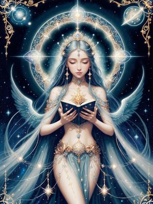 A mesmerizing and dreamlike illustration of a celestial goddess surrounded by shimmering stars and cosmic energy. This artwork embodies grace and divinity, with intricate details and a celestial color palette. Perfect for spiritual and fantasy-themed wall art, book covers, and mystical merchandise. Illustrated by Daniel Merriam and Kinuko Y. Craft.