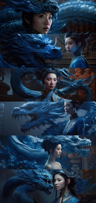 Chinese fairy, Chinese woman and iris blue dragon, Chinese dragon pan glaring angrily at Chinese woman
