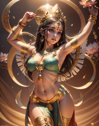 An Indian fairy dancing with a pipa, slanted shoulder shawl, showing the whole body, dancing barefoot, stepping on lotus flowers, the color is real and natural, the skin is lustrous and vivid, the background is a fantasy wonderland, there is round light, shine. Hindu gods, Hindu gods, extremely detailed footage of goddesses, goddesses. Extremely high detail, attractive goddess, goddess of love and peace, goddess of Indian wealth, goddess of dance, goddess of beauty, 3D goddess portrait, amazing portrait of goddess, portrait of beautiful goddess --auto --s2
