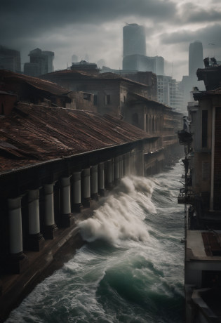tidal waves?Armageddon?Greatwave????The run-down city creates a cinematic cityscape?A towering tsunami pounds the city's skyline. The lens should capture the absolute power and destructive power of the wave, The building in the foreground is partially submerged, debris flying, and the feeling that disaster is imminent. Long lens camera angle with EE 70mm lens on the Nikon D850, Aim for high resolution, Photorealistic rendering. Ensure that the scene is highly detailed, With HDR lighting, And convey a sense of urgency and confusion.