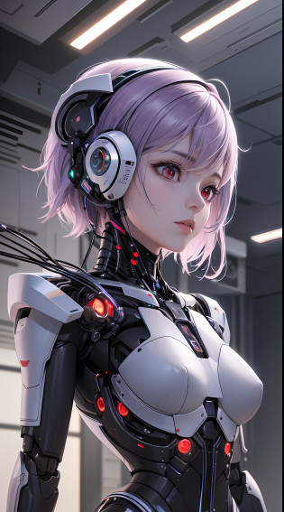 masterpiece, photo-realistic:1.4), a cinematic and immersive photograph capturing a futuristic robotic workshop, (4K resolution:1.2), (IMAX-worthy:1.2), (RTX and ray tracing:1.2), (Octane render:1.2), (realistic lighting:1.2), (futuristic atmosphere:1.2), (feminine robotic figure:1.1), (wires, cables, and carbon fiber:1.1), (simulated human circulatory system:1.1), (distinctively feminine face:1.1), (blood-red eyes:1.2), (short light purple hair:1.1), (connection to updating computer:1.2), (photo-realistic details:1.2), (ambient light reflecting on the robot:1.2). This prompt sets the scene in a futuristic robotic workshop where a photo-realistic image is being captured. The workshop is designed with cinematic aesthetics and is displayed in stunning 4K resolution. RTX and ray tracing technologies enhance the visual quality, and the Octane render engine ensures a high level of realism. The atmosphere exudes a futuristic vibe, with detailed and realistic lighting that enhances the immersive experience. The robotic figure being constructed possesses feminine aspects in its body design. The body is composed of wires, cables, and small parts made of carbon fiber, with numerous cables running throughout the body to simulate a human circulatory system. The robot's face is distinctly feminine, and its blood-red eyes add an intriguing touch. The robot has short, light purple hair. It is connected to a computer that is performing an update, signifying the continuous evolution of its capabilities. The photograph captures the intricate and photo-realistic details of the scene, while the ambient light reflects on the robot's body, adding depth and realism to the image.