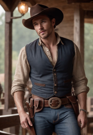 (RAW photo), masterpiece, highest quelity, 8k wallpapers, (photo realism: 1.4), (high resolution, super detailed, (best quality: 1.3), a rugged cowboy from the 1800s with dark brown hair, light blue eyes, with a scar on his chest, dressed in a shirt, brown leather vest, cowboy hat, pistol belt with pistol holstered, rugged pants, standing on the deck of a saloon, poorly lit, soft light, backlit, micro-details, photorealism, photorealistic, cinematic light, cinematic, rugged men, dim lights,