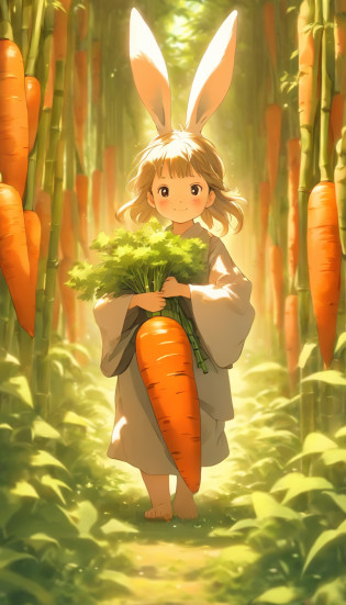 A little girl with rabbit ears holds a giant carrot?In the vegetable garden?The little boy carried a bamboo basket?The bamboo basket was filled with carrots?There are also some small white rabbits in the vegetable garden?Illustration Japanese manga style?The light is gentle?The little boy is full of energy?Japanese healing system